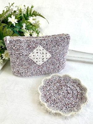 画像1: handmade完成品/クロッシェポーチ+ドイリー付き/裏布キルト芯仕立て/ツィード風