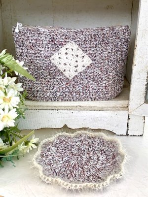 画像2: handmade完成品/クロッシェポーチ+ドイリー付き/裏布キルト芯仕立て/ツィード風