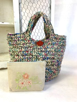 画像1: handmade完成品/クロッシェ麻バッグ+ポーチ2点セット/裏布キルト芯仕立て