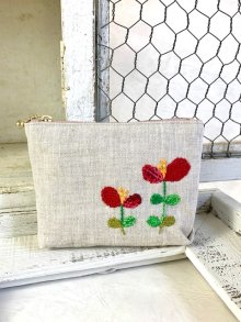 他の写真2: handmade完成品/クロッシェ麻バッグ+刺繍ポーチ2点セット/裏布キルト芯仕立て