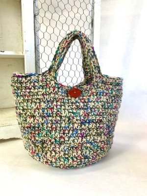 画像2: handmade完成品/クロッシェ麻バッグ+ポーチ2点セット/裏布キルト芯仕立て